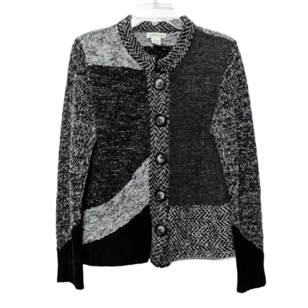ORVIS Pieced Mixed Media Wool Cardigan Sweater L